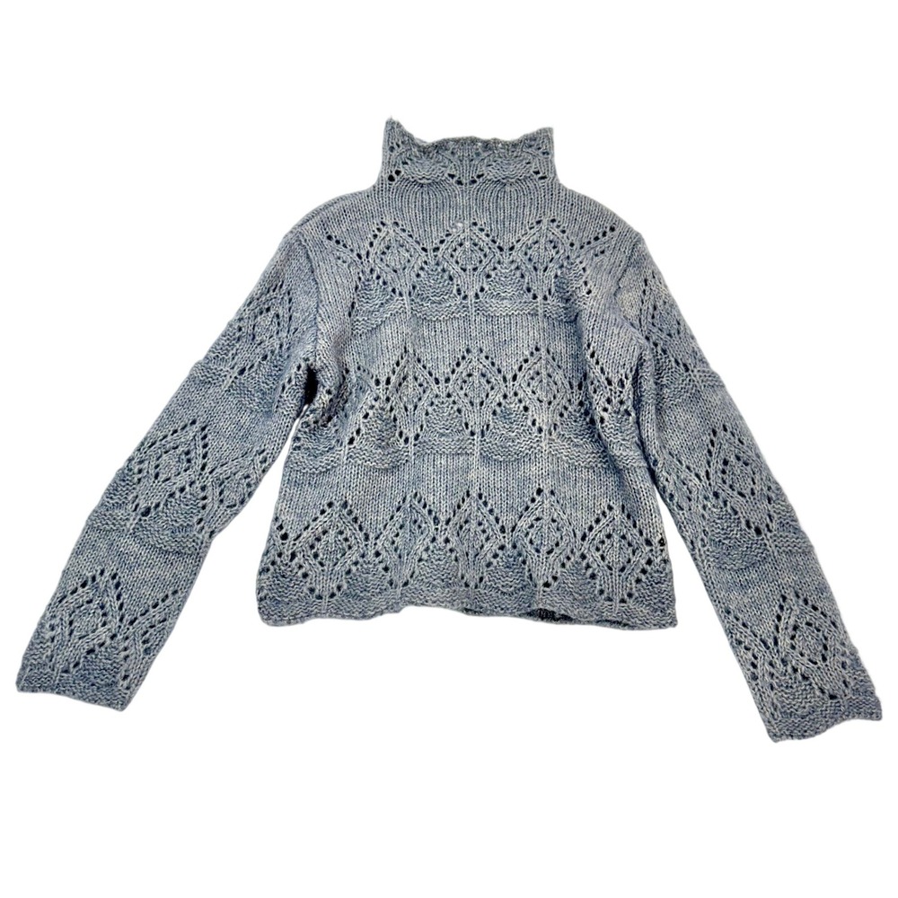 VTG Y2k Blue Mohair Blend Pointelle Open Knit Mock Neck Sweater Soft Girl